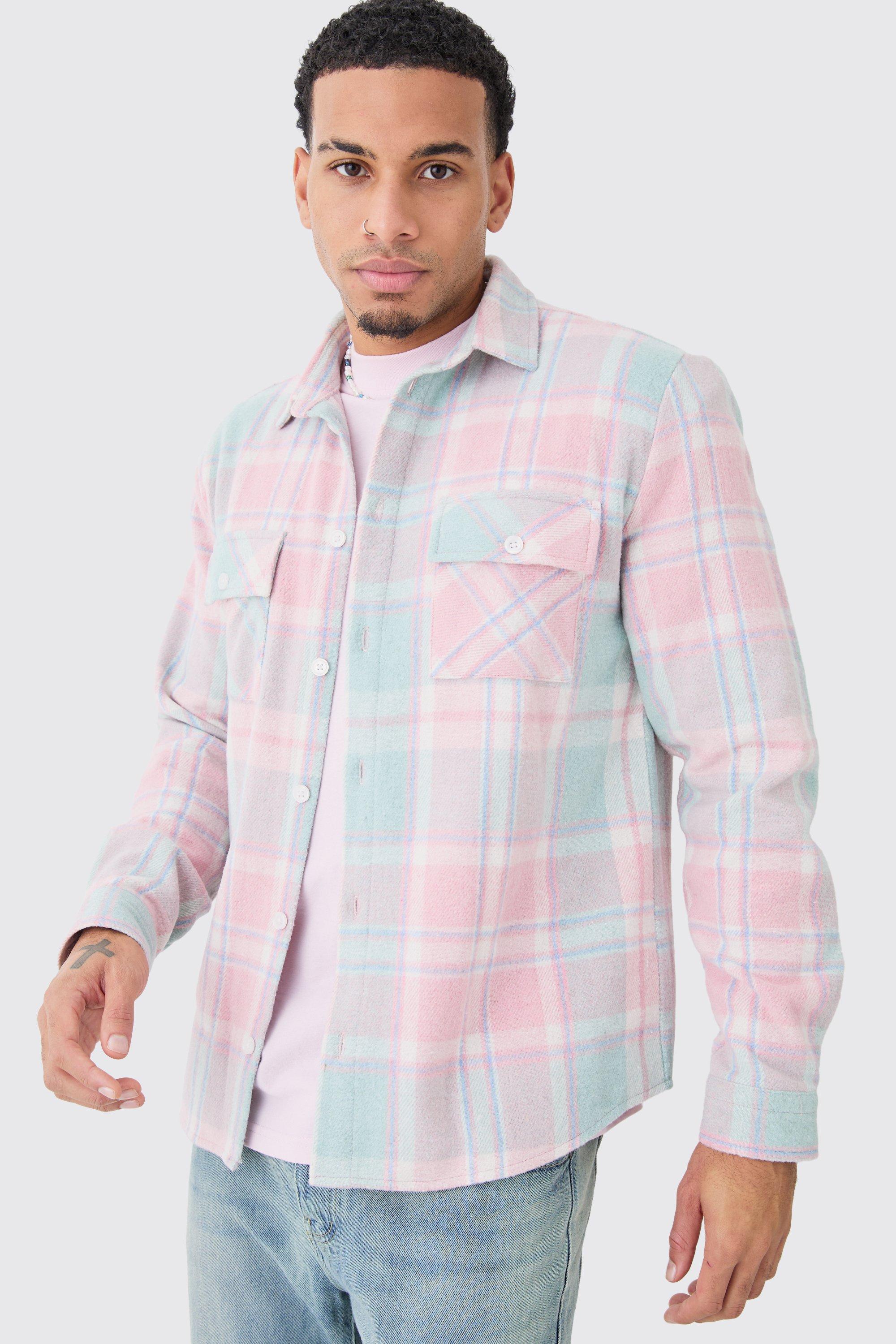 Mens Blue Regular Fit Pastel Check Overshirt, Blue